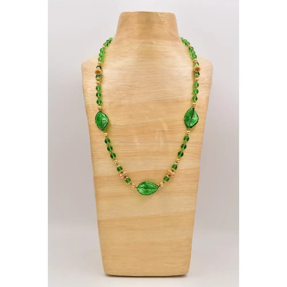 Vintage Artisan Glass Beaded Necklace Green Leaf Gold Fall Autumn 1980s BinBL